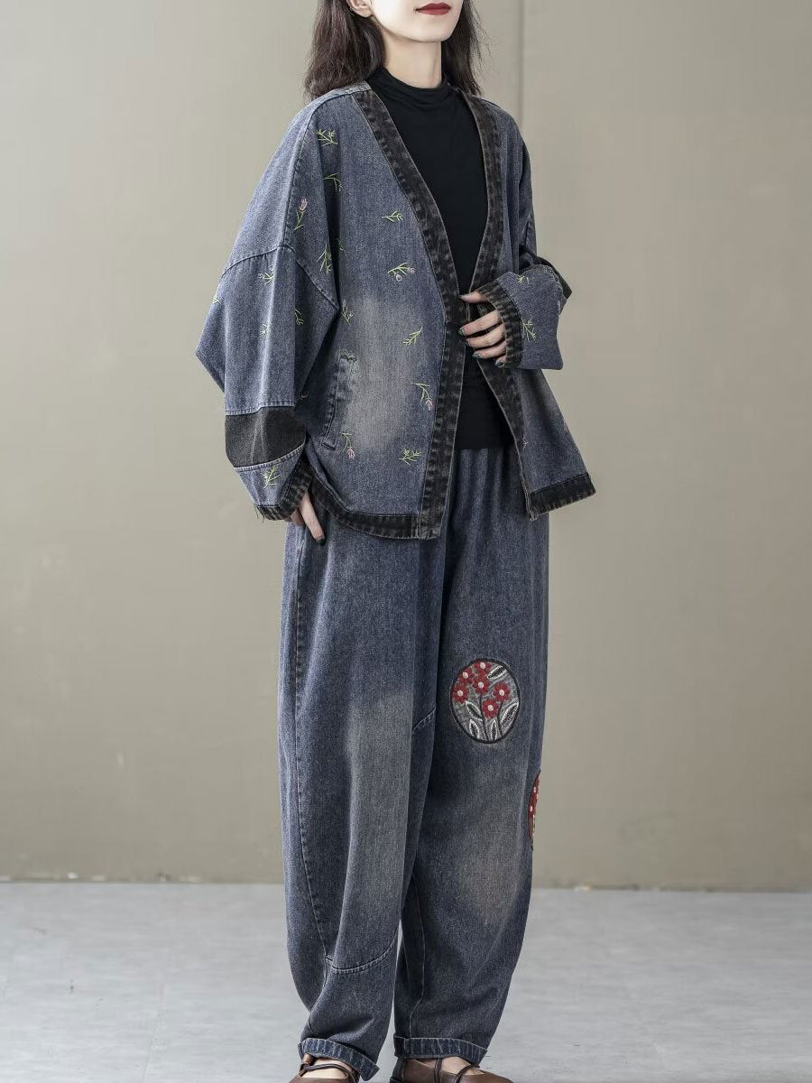 Floral Embroidered Denim Cardigan with Patchwork Details