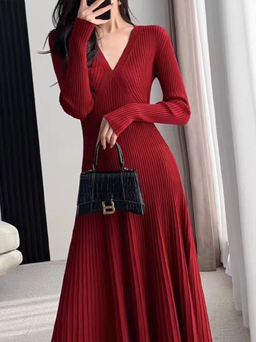 V-neck Slim Waist Knitted Dress