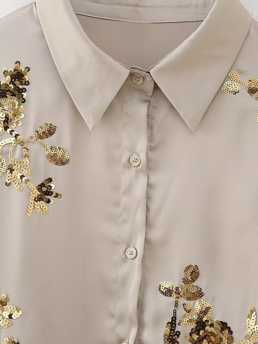 Sequin Embroidered Loose Long-Sleeved Blouse