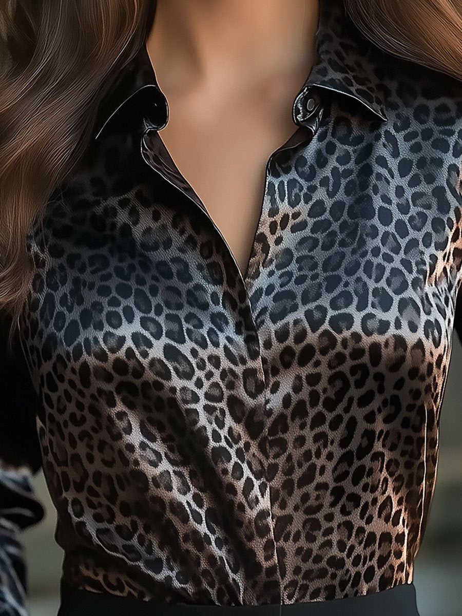 Chic Leopard Print Satin Blouse with Luxe Shine