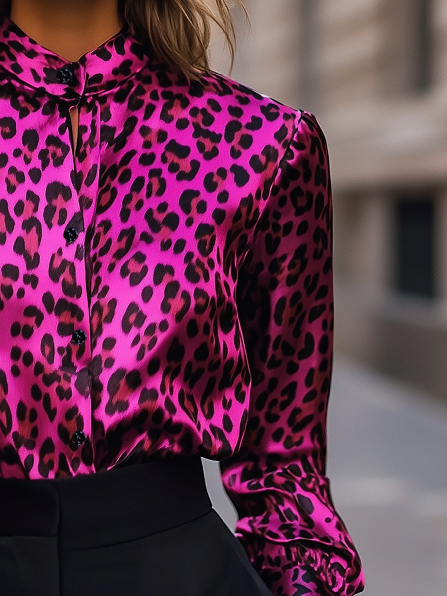 Bold Fuchsia Leopard Satin Blouse with Sophisticated High Collar