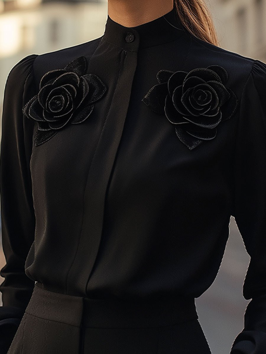 Sleek Black Blouse with Dimensional Rose Accents