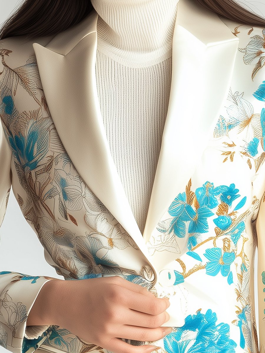 Ivory Satin Blazer with Aqua Floral Charm