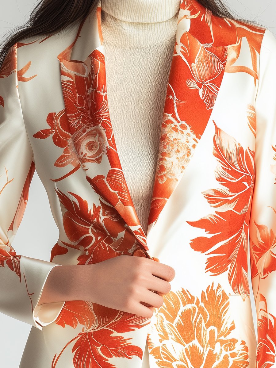 Ivory Satin Blazer with Vibrant Orange Floral Patterns