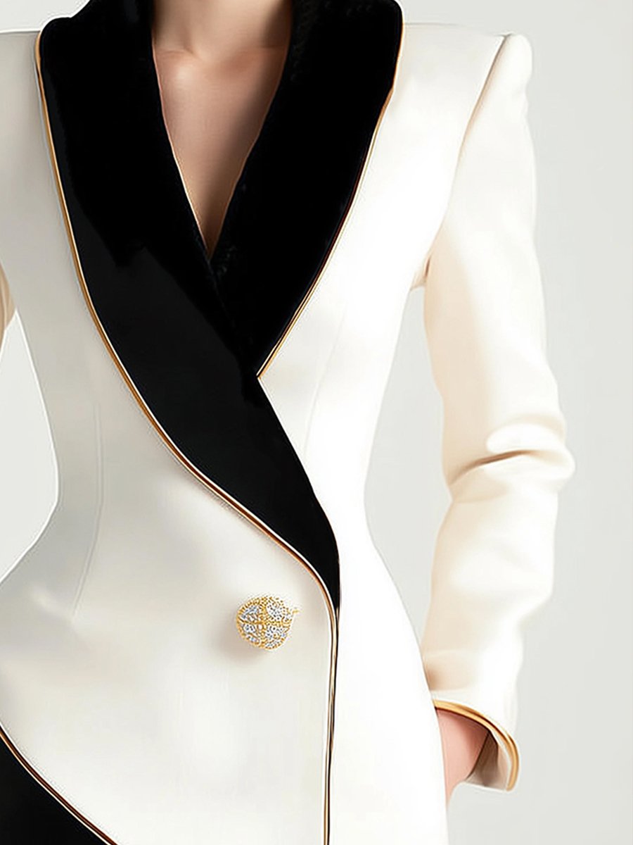 Elegant Asymmetrical White Blazer with Black Contrast Lapels