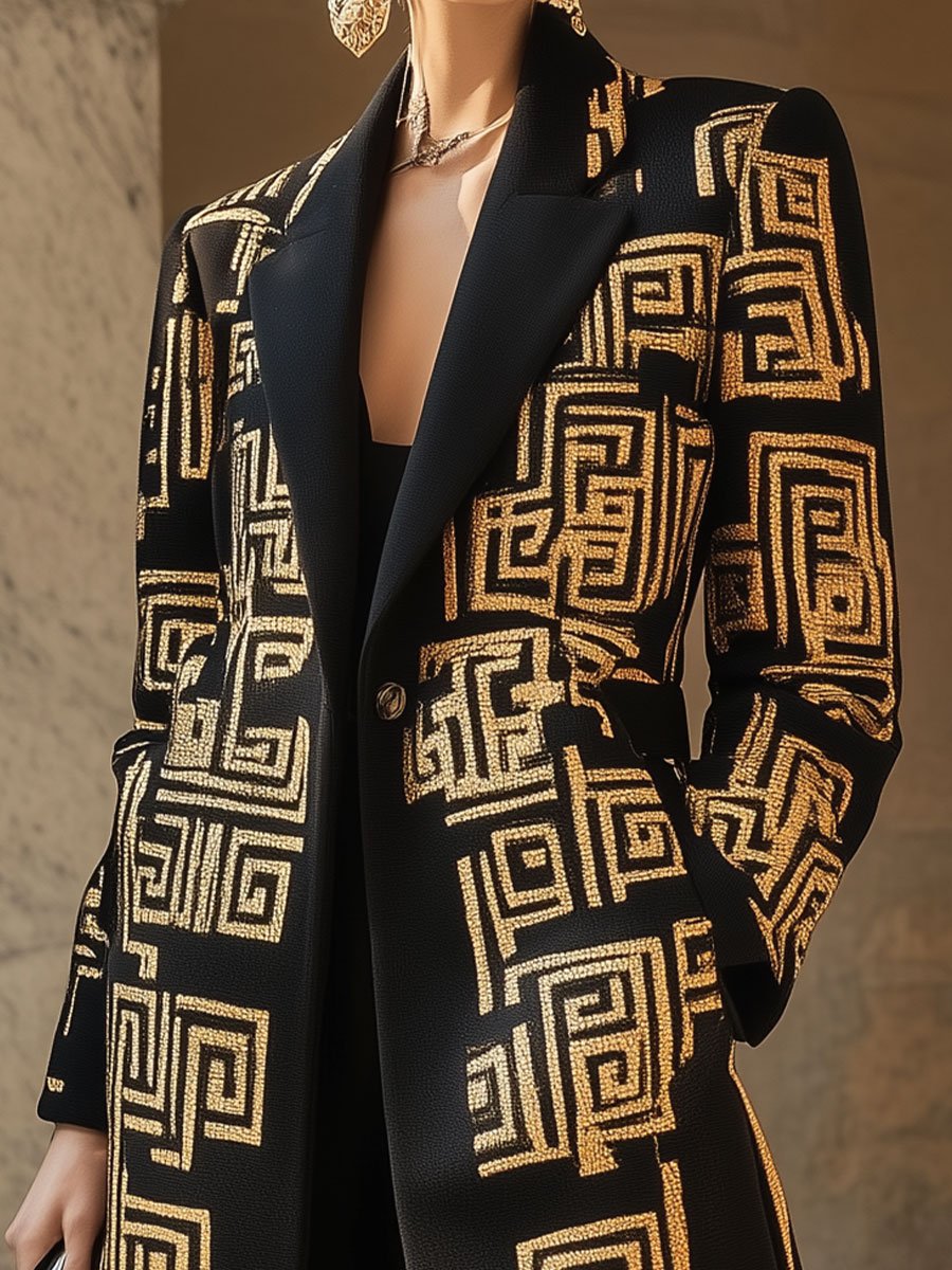 Luxurious Black Coat with Bold Gold Geometric Patterns