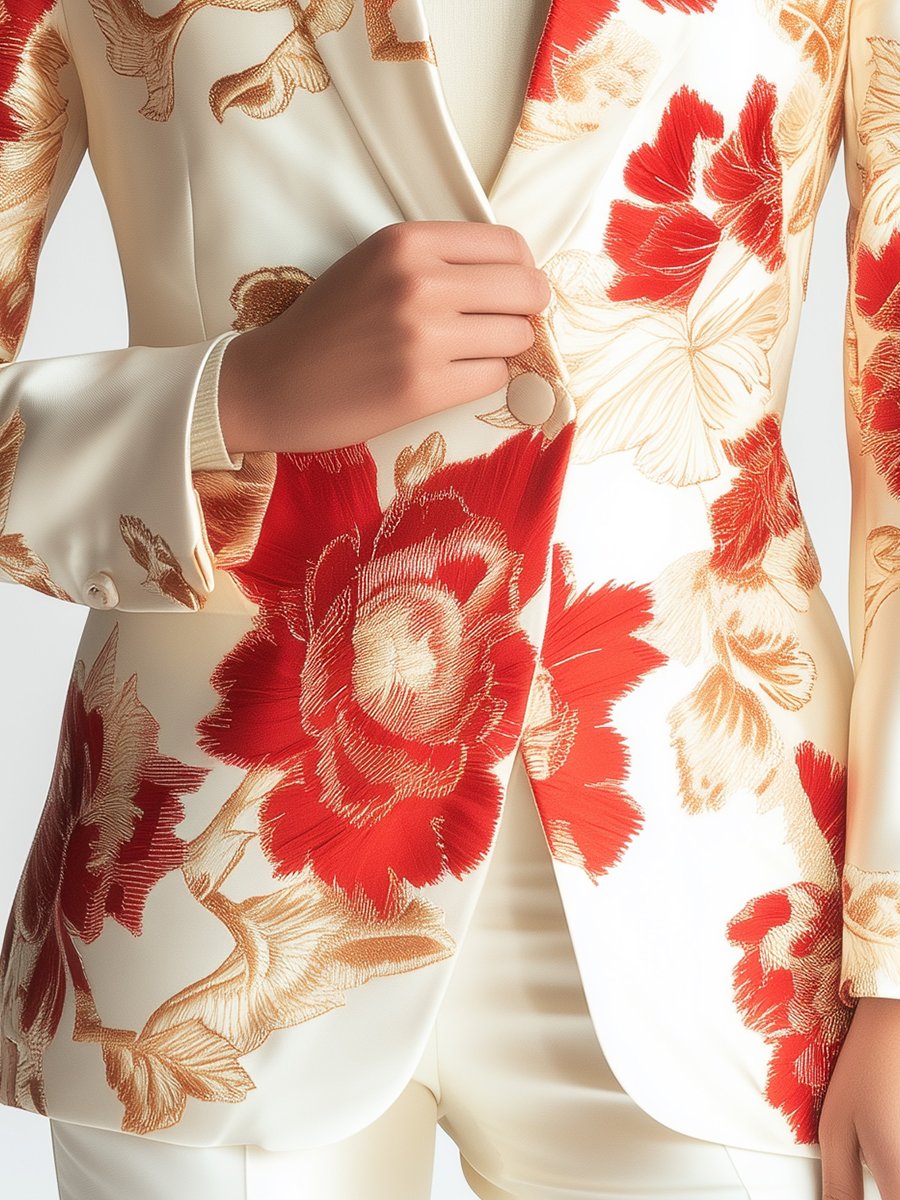 Ivory Satin Blazer with Red and Gold Statement Florals