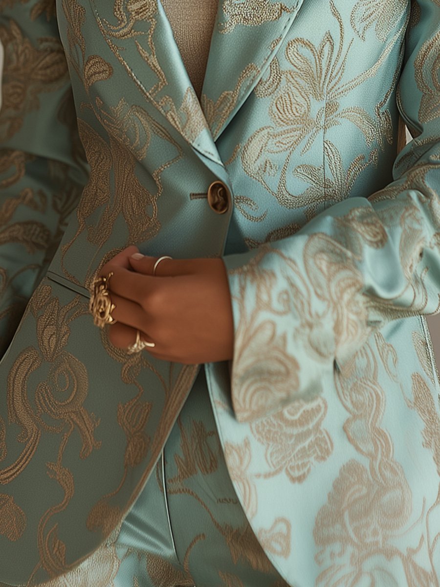 Mint Green Jacquard Blazer with Gold Floral Detailing