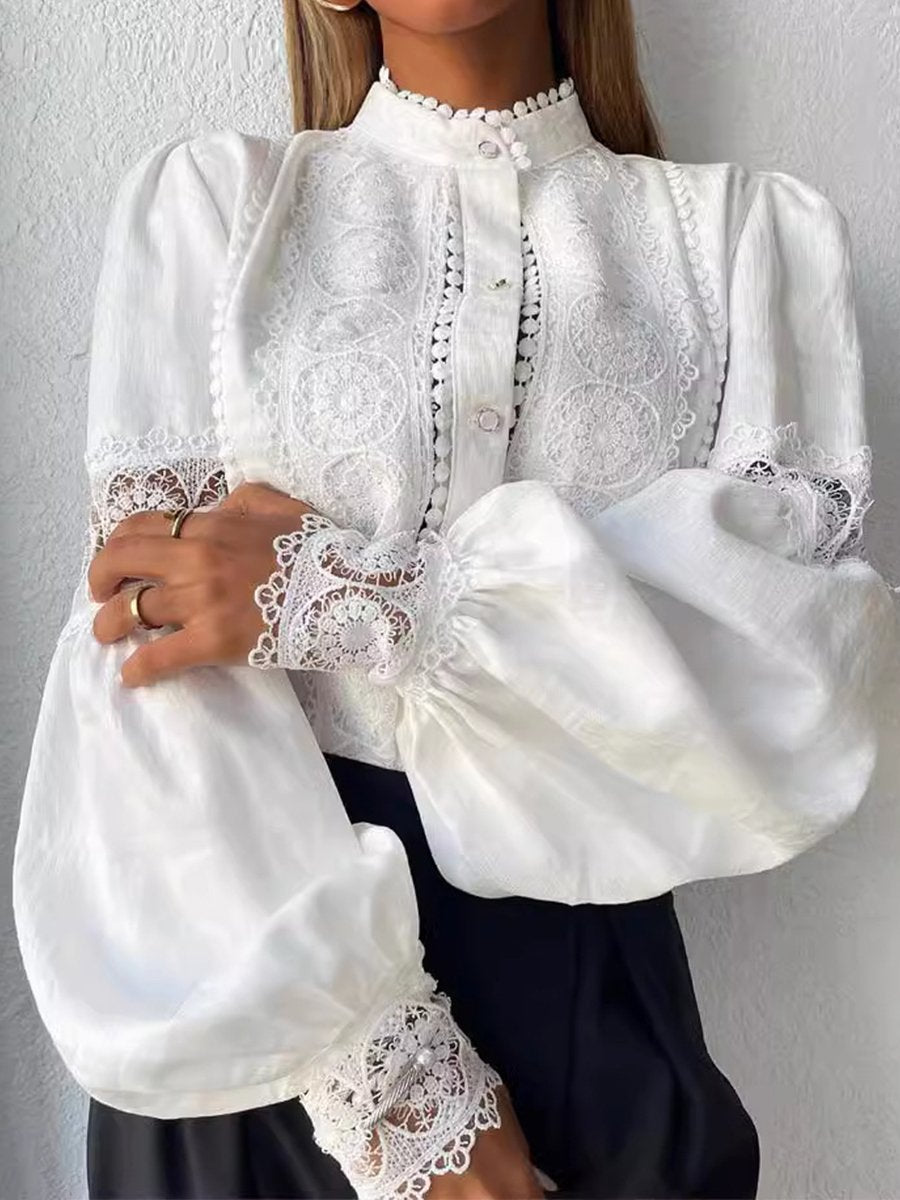 Chic in Lace: Statement White Blouse with Balloon Sleeves