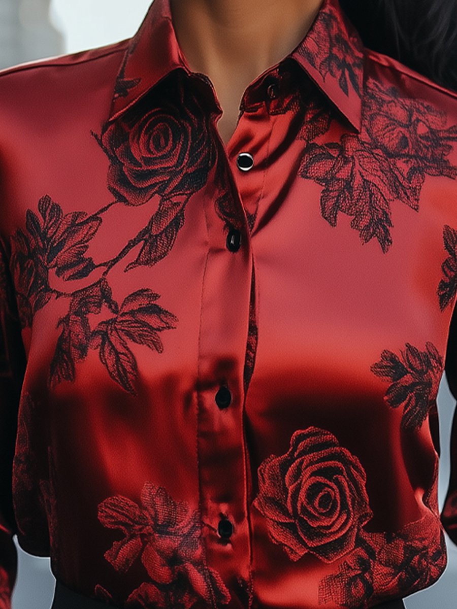 Elegant Red Satin Blouse with Floral Detailing